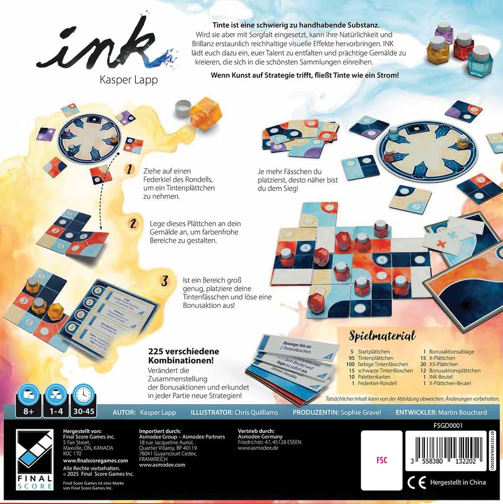 Asmodee, tinta, végső pontszámú játékok, stratégiai és művészeti családi játék, 1-4 játékos, 8 év feletti kor, 30-45 perc, német verzió