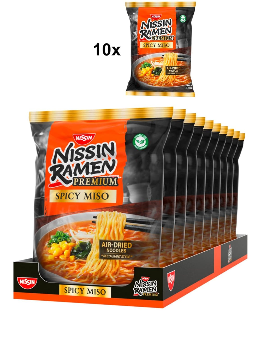 Nissin Ramen Premium - Miso Spicy 10 csomag japán stílusú, levegőn szárított instant tészta „Restaurant Style” Ramenhez, miso és wakame pehely enyhén fűszeres ízével (10 x 90,7 g)