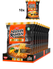 Nissin Ramen Premium - Miso Spicy 10 csomag japán stílusú, levegőn szárított instant tészta „Restaurant Style” Ramenhez, miso és wakame pehely enyhén fűszeres ízével (10 x 90,7 g)