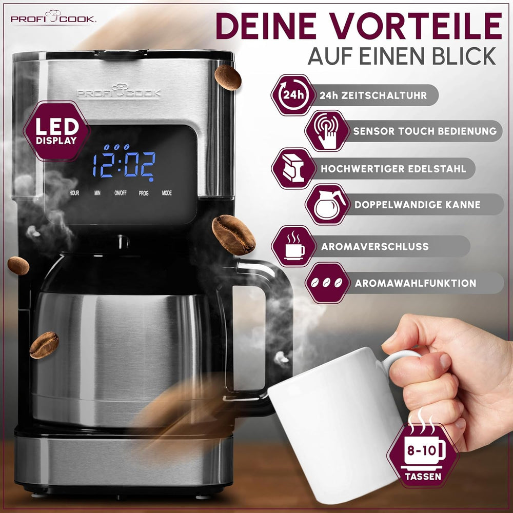 Cafetieră Profi Cook | 8-10 cești | Temporizator | Comenzi tactile cu senzor | Carafă termos cu pereți dubli de 1,2 litri | Sigiliu pentru aromă | Cafetieră cu filtru din oțel inoxidabil | PC-KA 1191