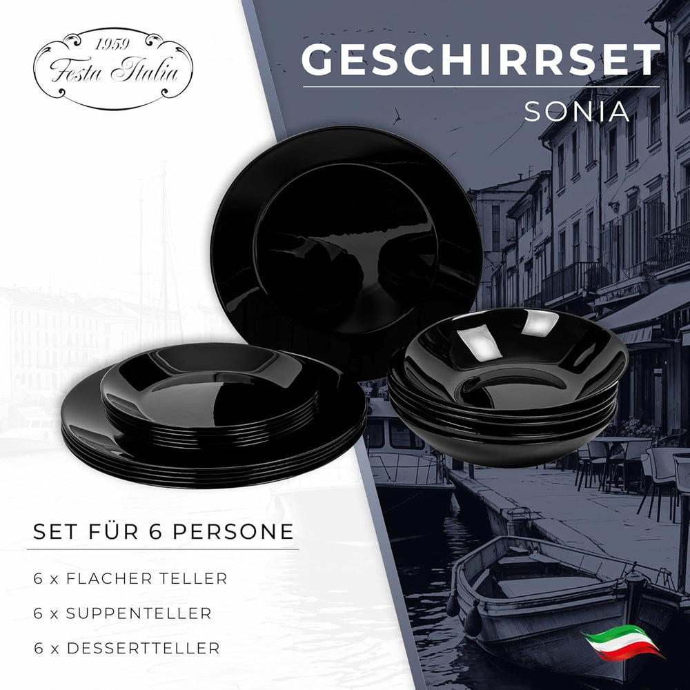 Set de veselă pentru 6 persoane - 18 piese - Set de farfurii din sticlă opal - Set de veselă neagră - Set de bol și farfurie - Veselă modernă - Farfurii - Serviciu de masă - Set de veselă pentru 6 persoane