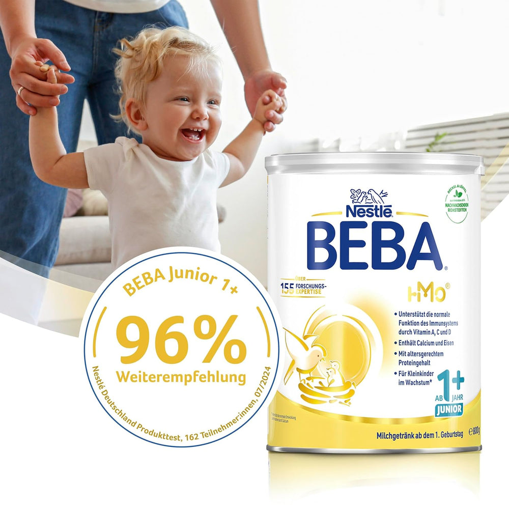 BEBA Junior 1+ tejital 1 éves kortól, HMO-val, életkornak megfelelő fehérjetartalommal, csak laktóz, pálmaolaj nélkül, halolaj nélkül, kisgyermektáp, bébi tejpor, 6 db-os kiszerelés (6 x 800g)