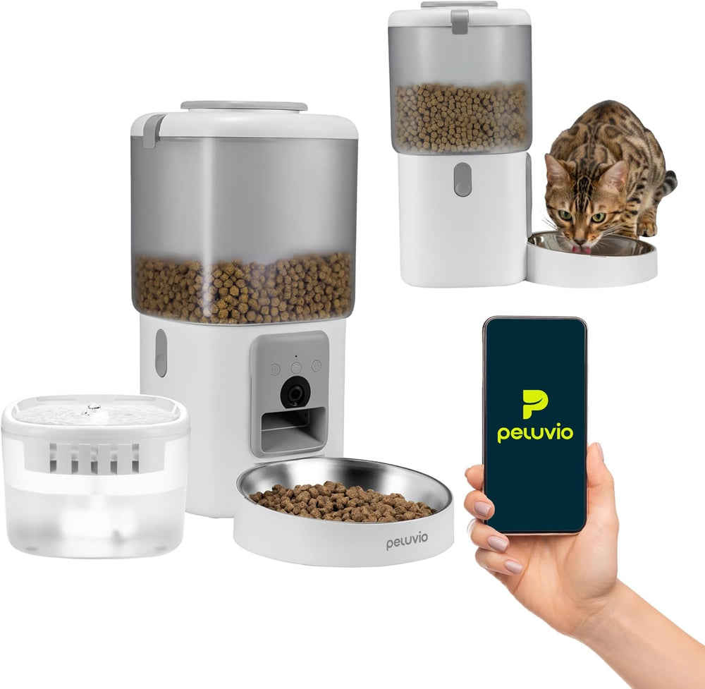 Feast Automatische Futterautomat Katze mit App und Kamera, Live-Video mit Nachtsicht und Zwei-Wege-Audio, Portionskontrolle, Edelstahl-Napf, Katzen Trinkbrunnen mit Filter, 4,5 l és 2,5 l