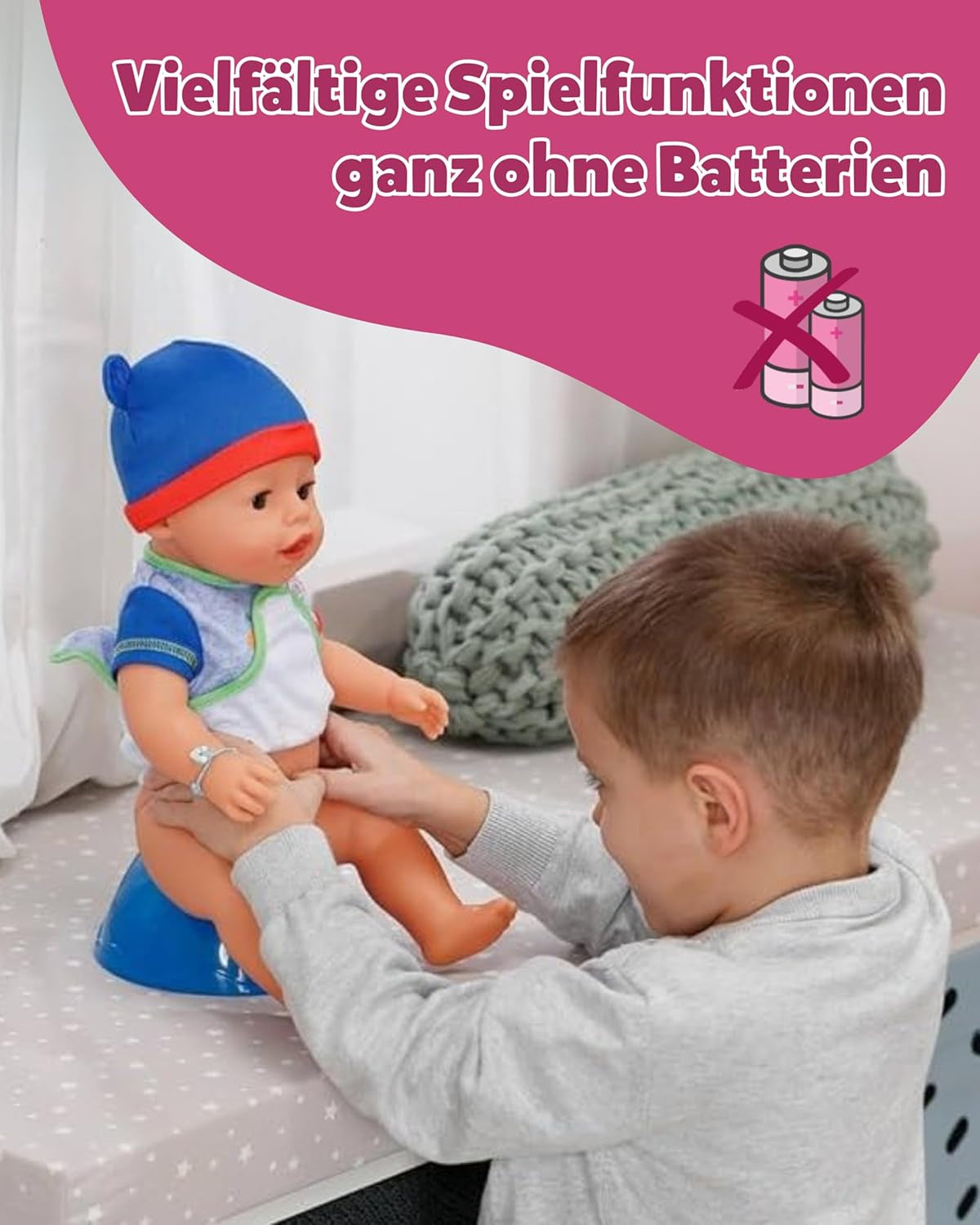 BABY Born Jonas - păpușă bebeluș 43 cm - 10 funcții, inclusiv accesorii și saltea - Funcționează complet fără baterii - Potrivit pentru copii cu vârsta de 3 ani și peste