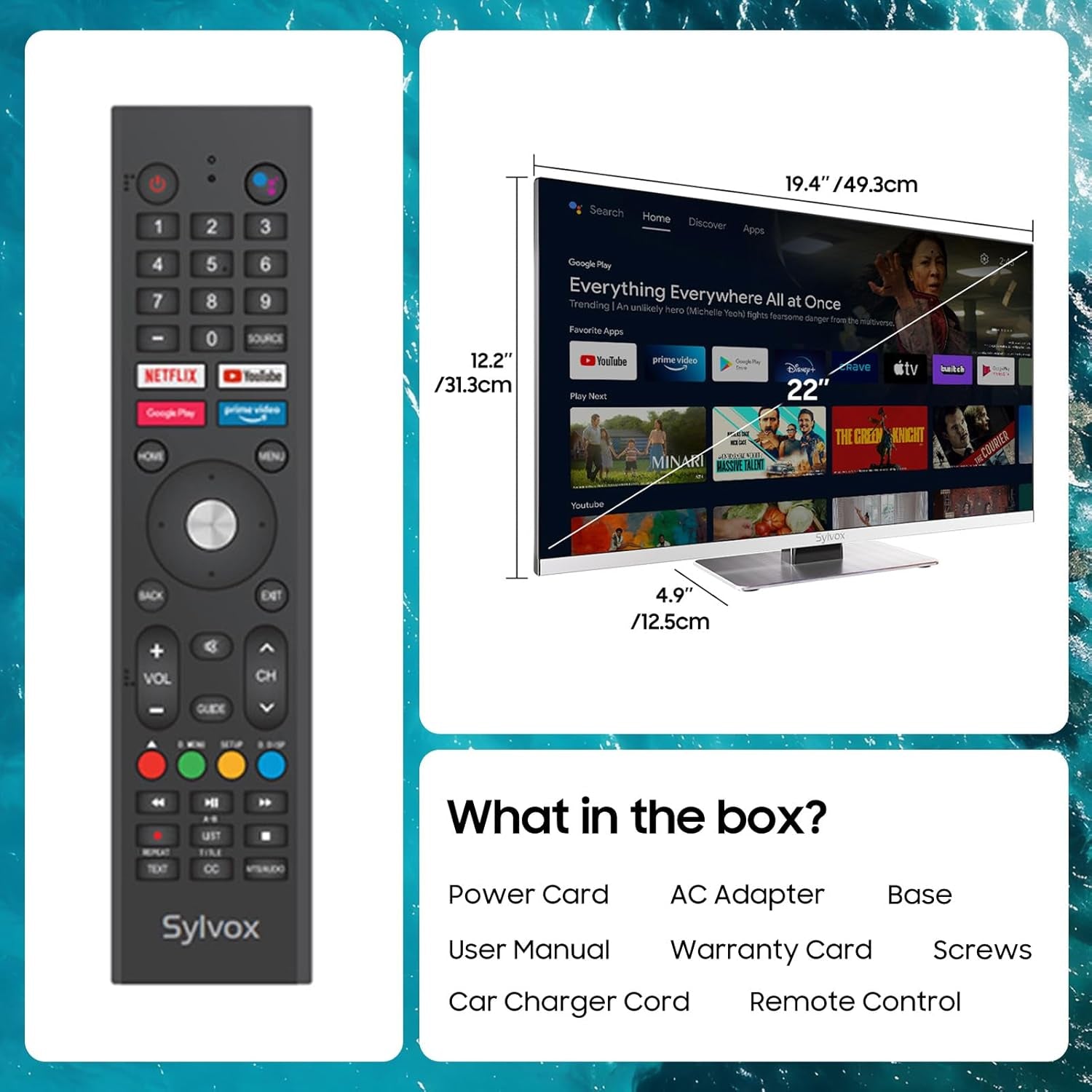 Televizor SYLVOX de 12 volți, televizor de camping de 22 de inci, televizor inteligent Android 1080P cu player DVD integrat, tuner triplu WiFi Bluetooth alimentat DC/AC fără ramă pentru autorulote, camioane, caravane, autoutilitare și bărci