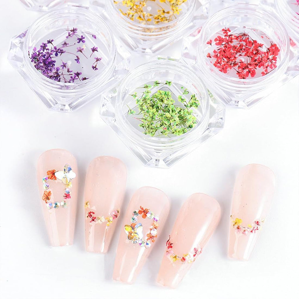 EYVRPAU 6 Stück Nail Art Flowers Set Decoration,Gelnägel Zubehör 6 Farben,Nail Art Aufkleber Trockene Blumen Kit Getrocknete Blumen Zubehör Set DIY Nageldekoration
