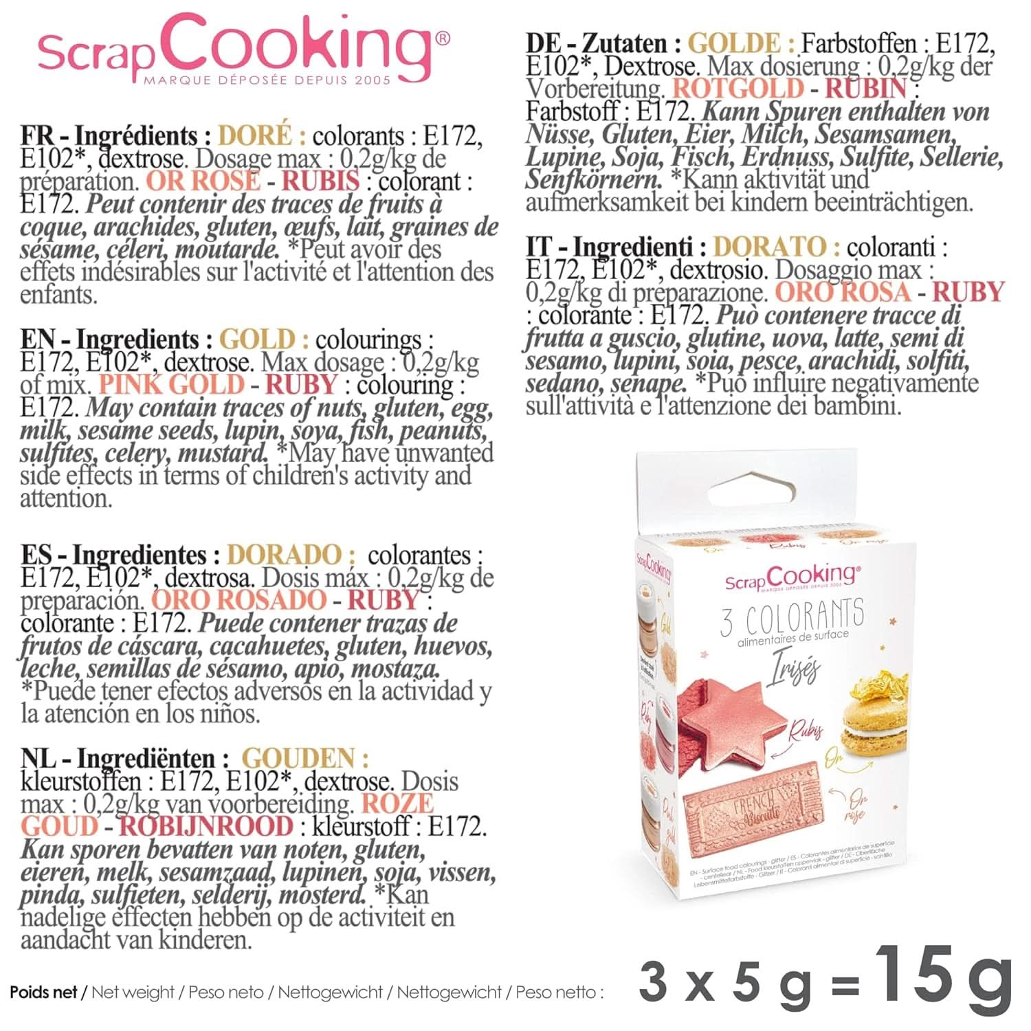ScrapCooking, Set 3 coloranti alimentari, Auriu, Roz-Auriu si Ruby, nuante metalice, 3 x 5 grame Naty Shop