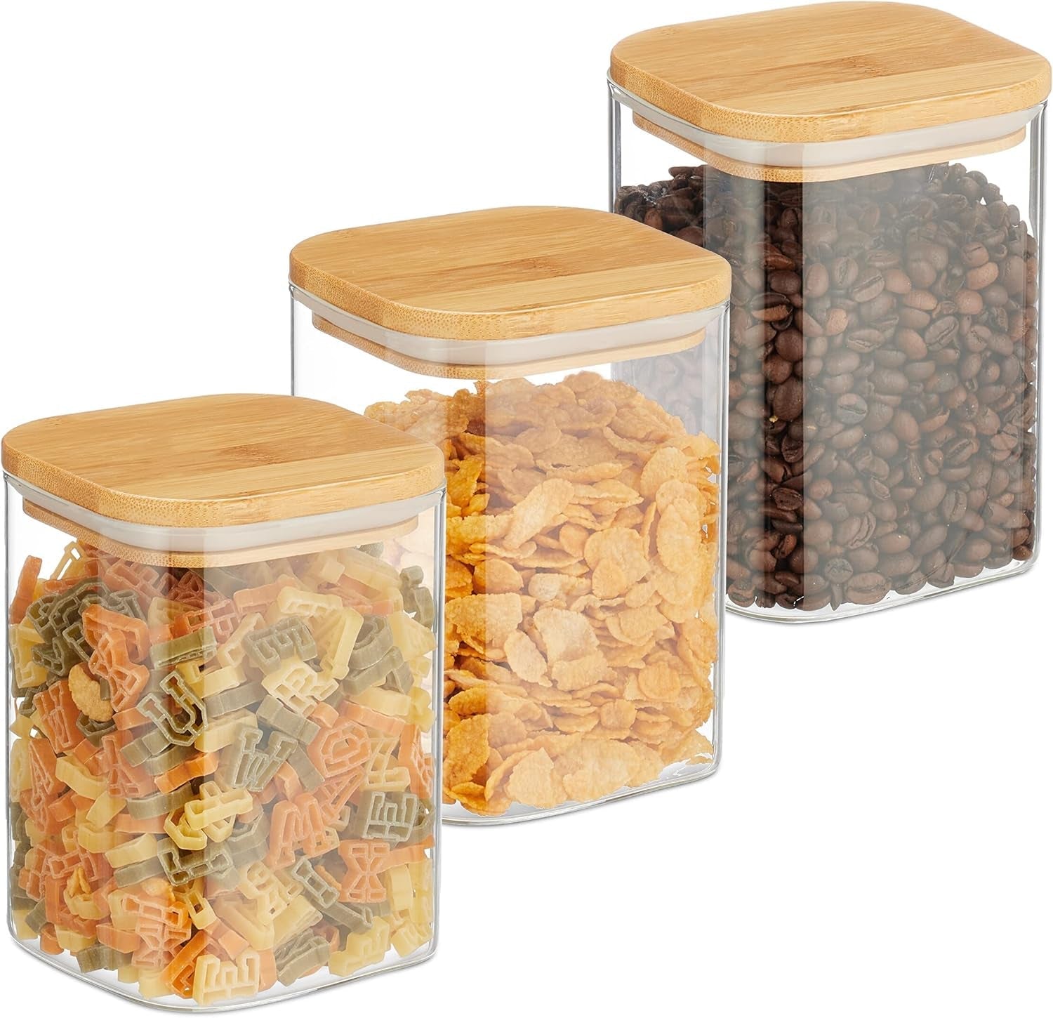 Borcane de depozitare Relaxdays cu capace din bambus, set de 3, borcane pătrate din sticlă, 900 ml, etanșe, transparente/naturale Cutii depozitare alimente Naty Shop Titlu implicit