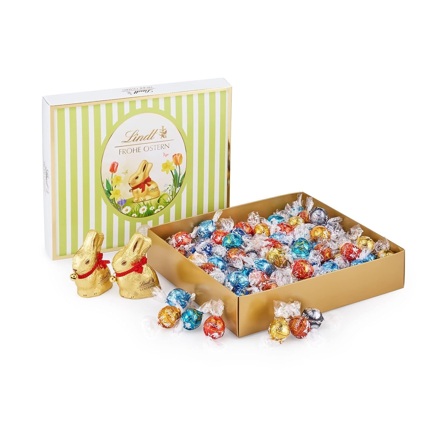 Húsvéti Variety Pack Lindt Chocolate LINDOR | 1.2 kg | 2 GOLD BUNNY tejcsokoládé és 8 LINDOR fajta: Tejcsokoládé, Noisette, Sötét, Fehér, Fekete 60%, Karamell, Sós Karamell, Stracciatella | Húsvéti csokoládé | A húsvéti nyuszi
