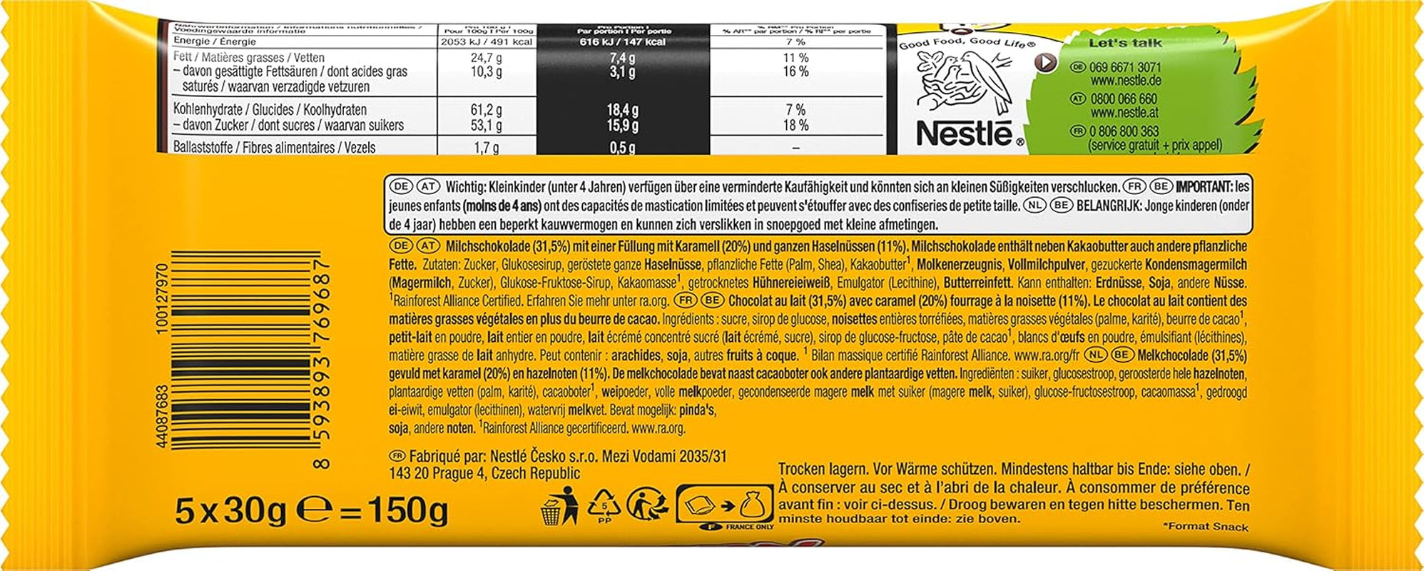 Nestlé mogyorós csokoládészeletek karamell töltelékkel, egész mogyoróval és ízletes cukorkakrémmel, tejcsokoládéval bevonva, 4 db-os kiszerelés (5x30g)