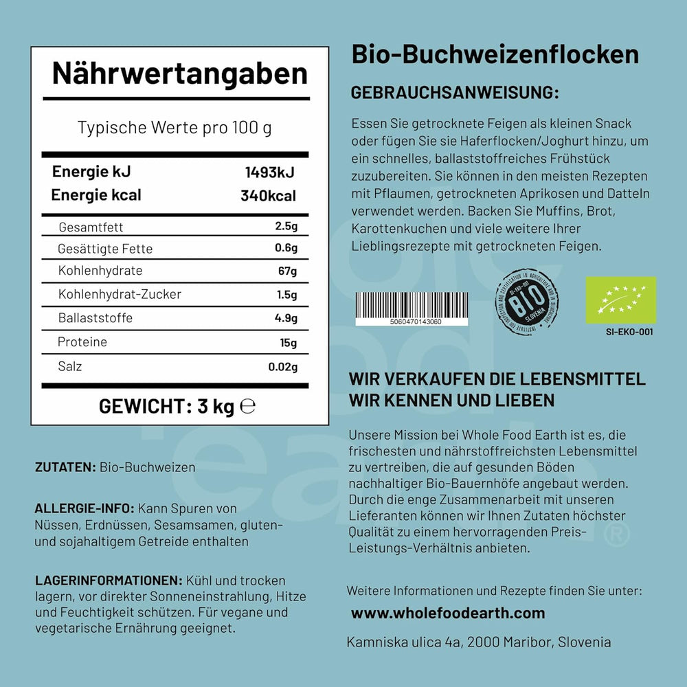 Wholefood Föld bio hajdinapehely – 3 kg | Nyers | Nem GMO | Vegán | Rostforrás | Tanúsított bio