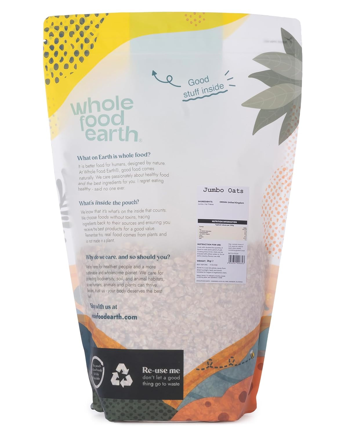 Fulgi de ovăz Wholefood Earth Jumbo - fără OMG - vegani - fără lactate - fără zahăr adăugat 2 kg