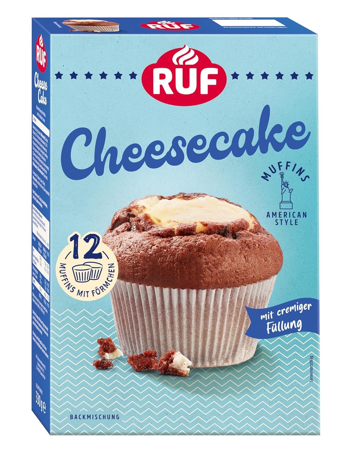 RUF Cheesecake-Muffins Backmischung, American Style Muffins Mit Cremiger Füllung, Einfache Zubereitung, 12 Muffin-Förmchen Inklusive Naty Shop Cheesecake 330 G (1 Er Pack)
