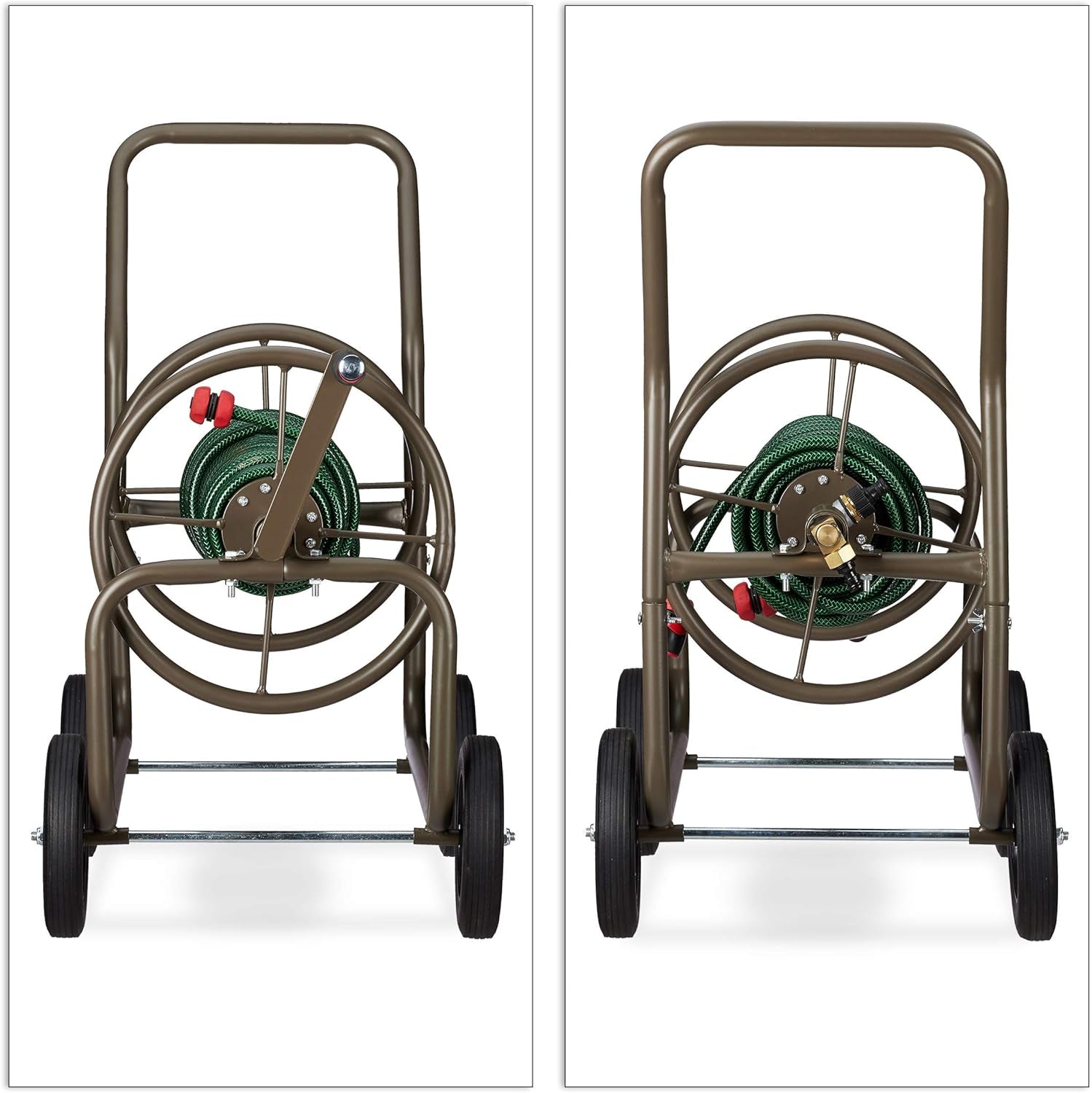 Cărucior furtun Relaxdays XL, rolă mobilă pentru furtun, metal, pentru furtun de 60 m, 4 roți, cu manivelă, derulare la 90°, maro