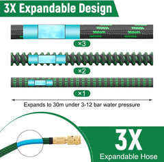 Furtun flexibil de grădină 30m/100ft verde, cu duză de pulverizare și conectori din alamă de 3/4" și 1/2", furtun de apă extensibil cu 10 funcții, extensibil de 3 ori, fără îndoituri, pentru grădină, podea, terasă, mașină