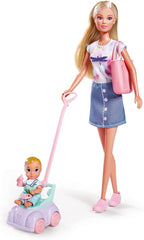 Simba 105733585 - Steffi Love Baby Car, Ankleidepuppe mit Kind, Laufauto, 2-in-1 Funktion, mit Handtasche und Babyzubehör, 12 Teile, 29cm Puppe, ab 3 Years