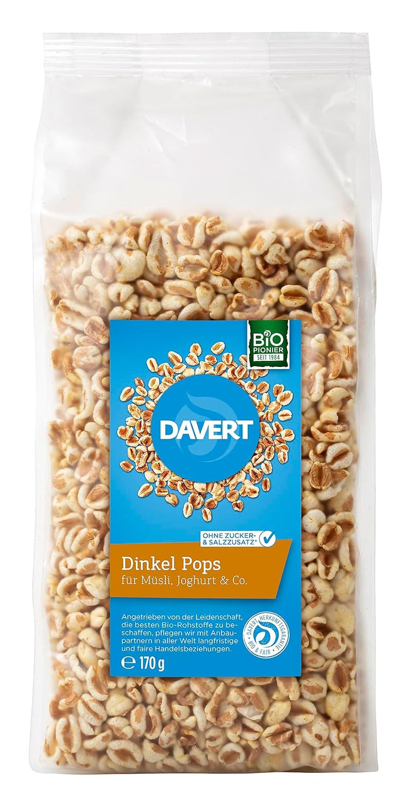 Davert tönköly nyalóka 170g – Ízesített, szellős és könnyed expandált tönkölybab finom pörkölés ízzel – 100% Davert Organic Quality (1 x 170g)