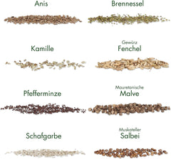 Tea magkészlet: 8 fajta mag erkélyre és kertre - menta, kamilla, ánizs, csalán, mályva - növényi magvak - tea - teásdoboz - Saját termesztésű növények