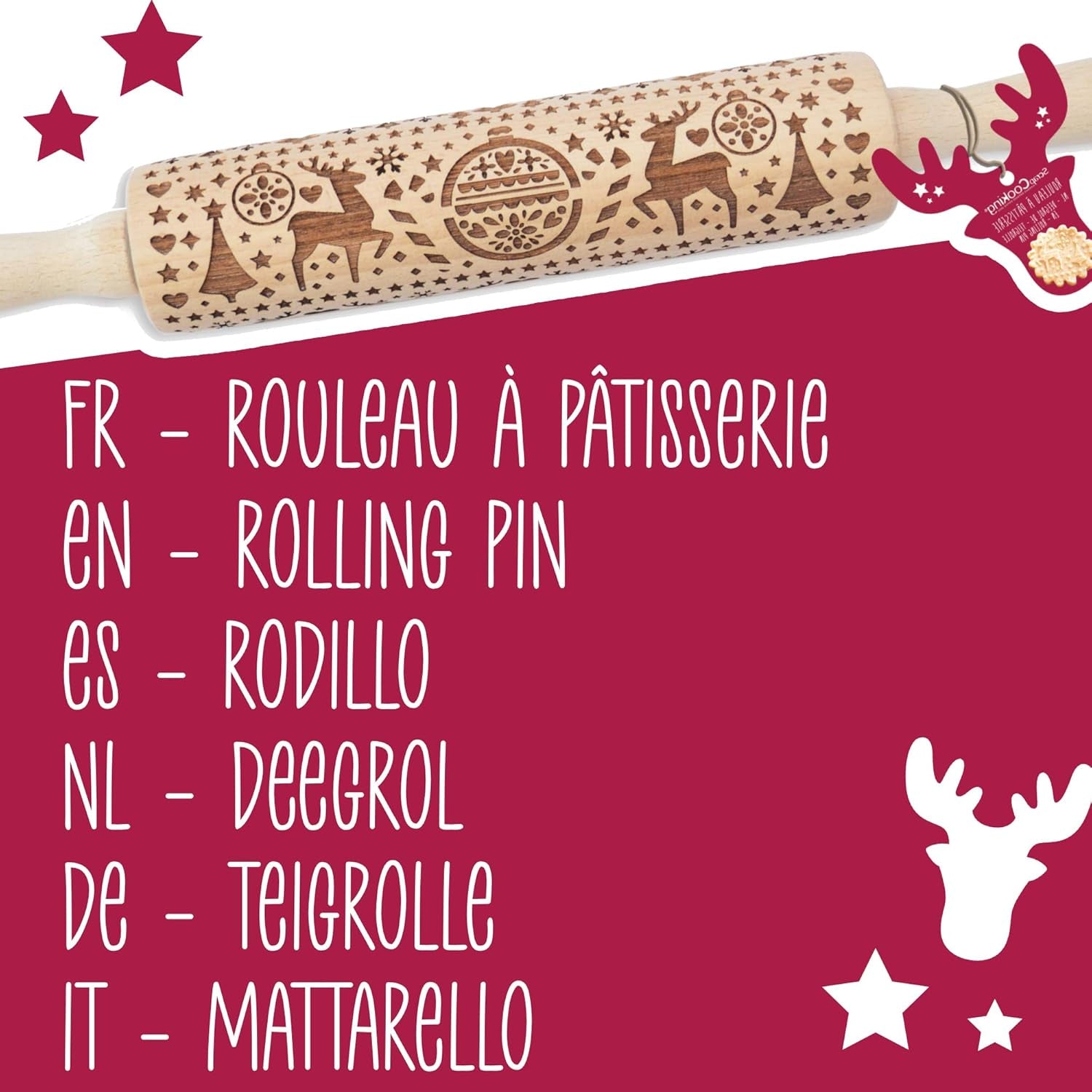 Scrap Cooking Teigrolle aus Holz "Xmas" mit weihnachtlichen Motiven – Prägerolle mit gepfragten Verzierungen für Kekse – dekoratív Zubehör – 5242