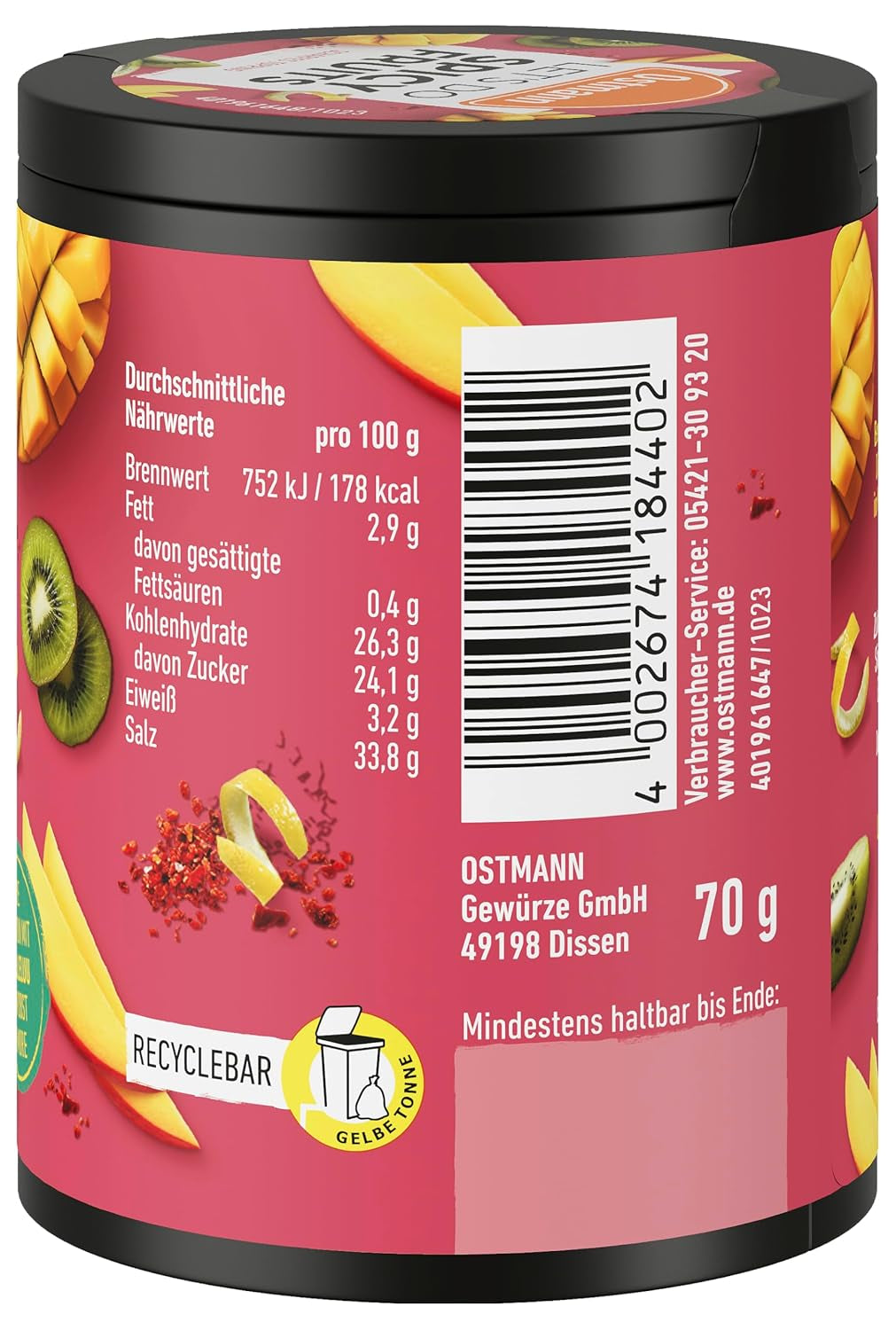 Ostmann Gewürze - Csináljunk fűszeres gyümölcsöket | Würzmischung für süßes Obst készítette: Lalaleluu | scharfes Obst-Topping mit Chili und Pfeffer, Lecker auf Apfel vagy Mango | 70 g Metalldose recyclebarban