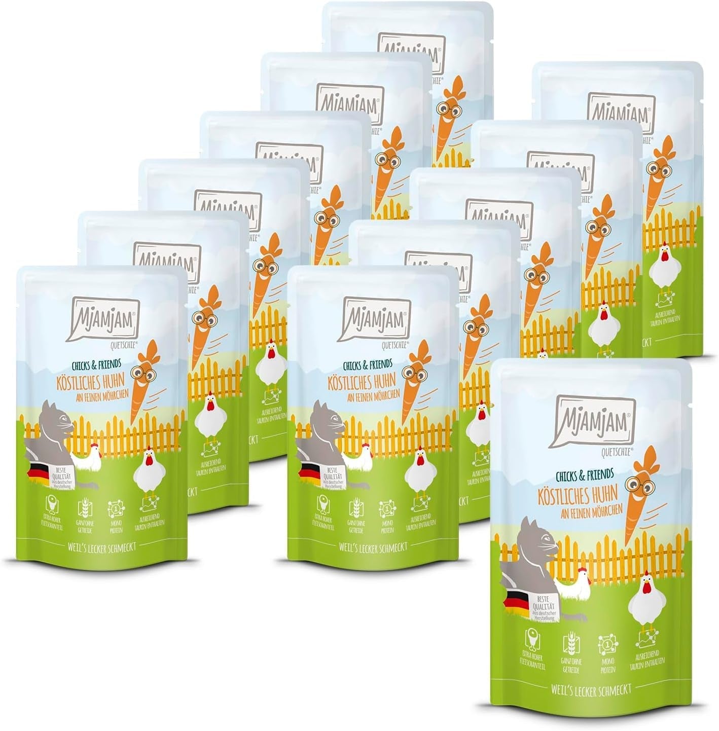 Mjamjam - Hrană umedă premium pentru pisici - Chicks & Friends Box, 9 pachete (9 X 300G), fără cereale și cu carne suplimentară