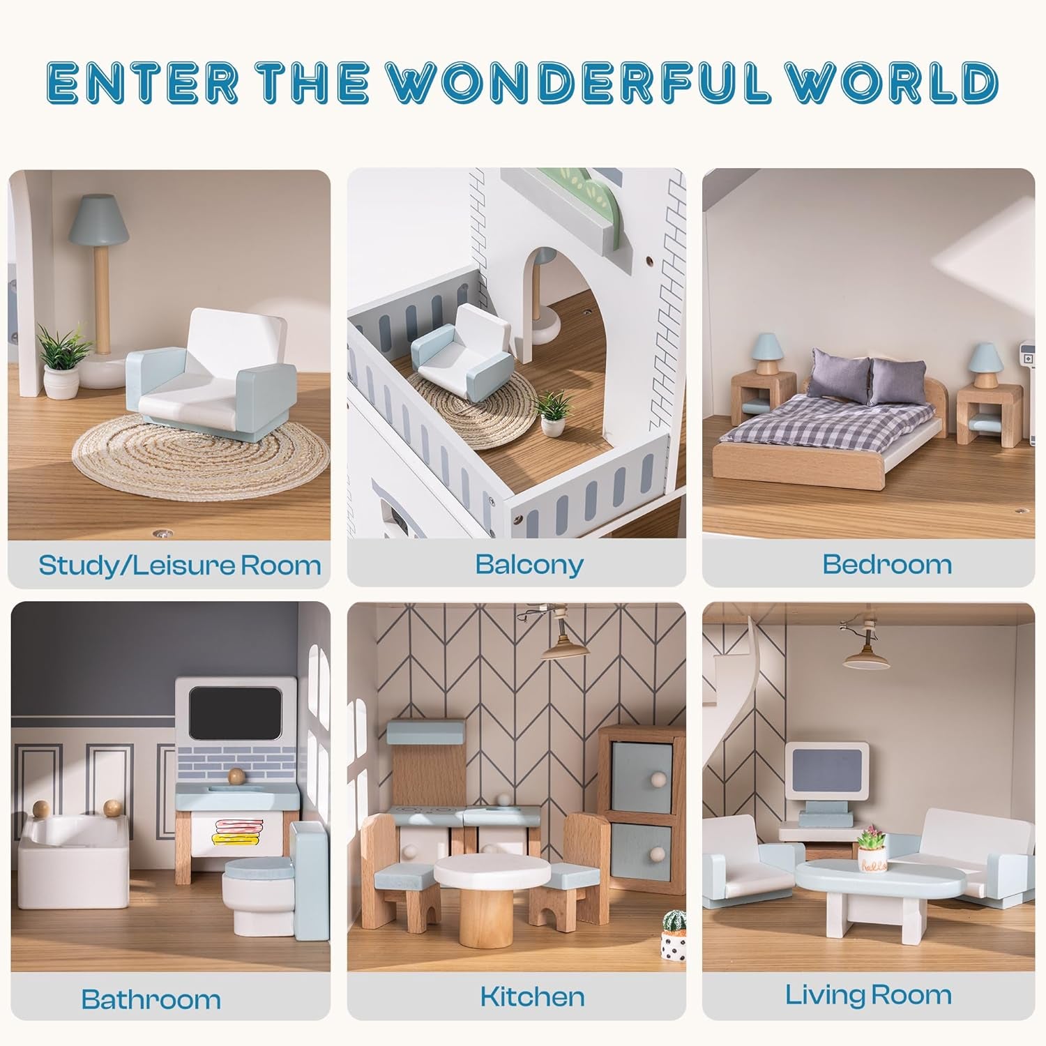 ROBUD Casă de păpuși din lemn cu lumini, 3 etaje, include mobilier și scări, jucărie pentru copii de 3 ani și peste