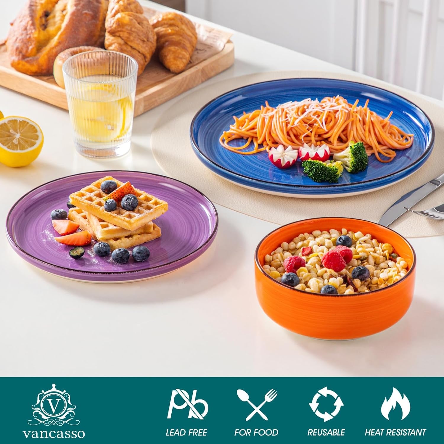 Set de veselă pentru 6 persoane, serviciu de cină din gresie Vancasso Bonita cu 18 piese, set bol și farfurie, serviciu rotund combinat cu 6 farfurii de cină, farfurii de salată și boluri fiecare