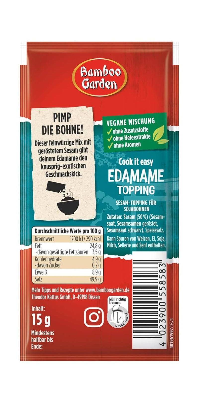 Bamboo Garden - Edamame Topping | Sesamtopping zum Verfeinern von Edamame Gerichten | Vegán, természetes összetevők | 15 g zacskóban