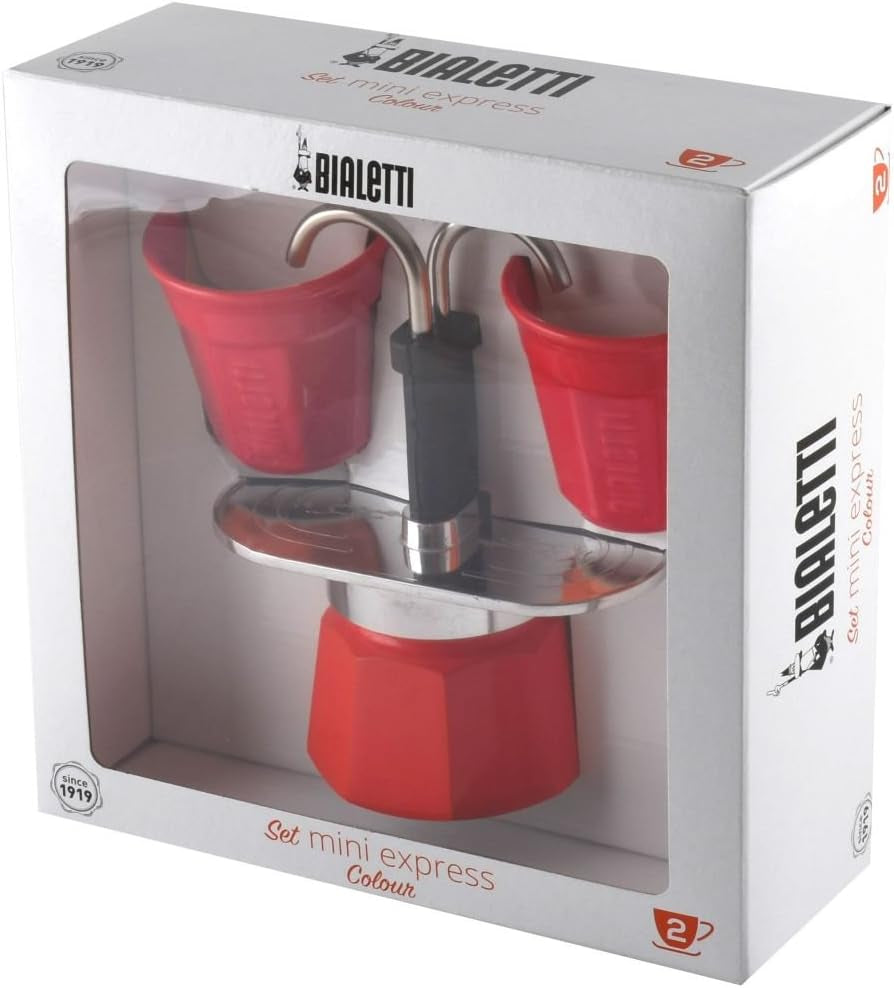 Bialetti - Mini Express Kandisky: Set Moka include aparat de cafea pentru 2 cești (90ml) + 2 cești de espresso, roșu, aluminiu