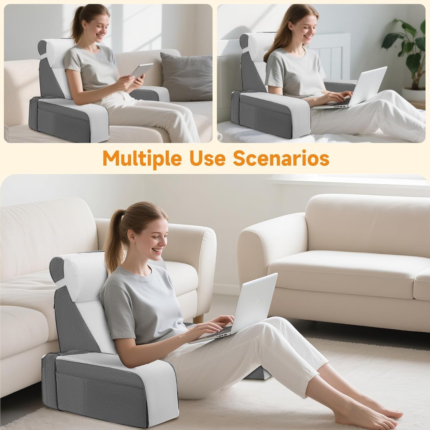 Pernă mare de citit cu suport pentru gât și cotiere detașabile, pernă pentru spate pentru pat, pernă ergonomică pentru spătar cu braț, buzunar și husă lavabilă pentru citit și vizionat la televizor.