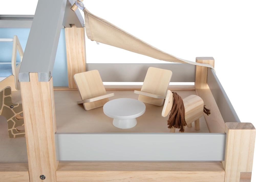 Casă de păpuși din lemn Small Foot, culori naturale – cu 3 etaje, terasă pe acoperiș și set de mobilier cu 51 de piese, încurajează jocul creativ, potrivită pentru vârste de la 3 ani în sus, 12541