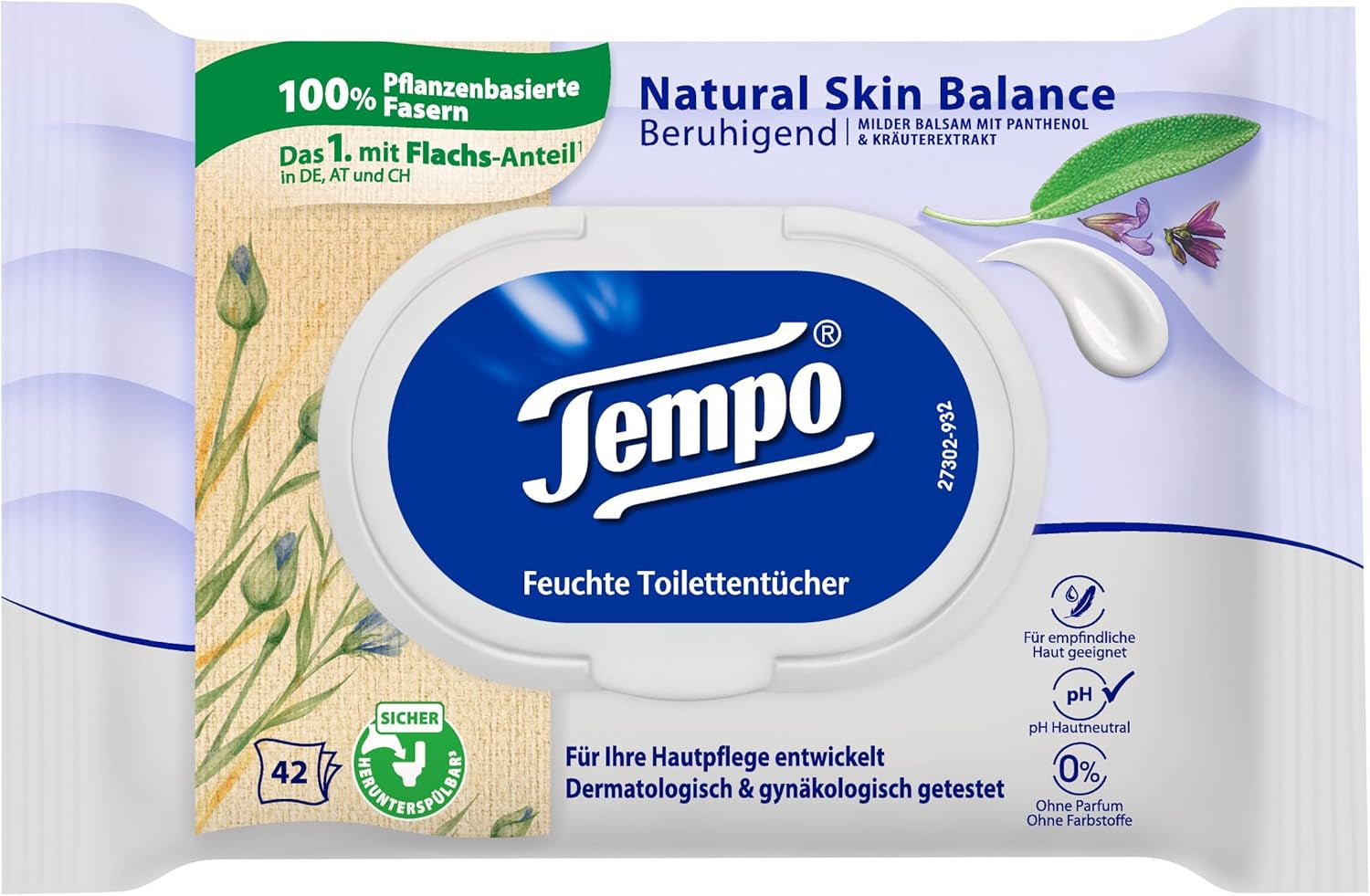 Tempo Șervețele umede de toaletă Natural Skin Balance -16 pachete a câte 42 de șervețele - Cu pantenol și extract din plante - Înlăturabile
