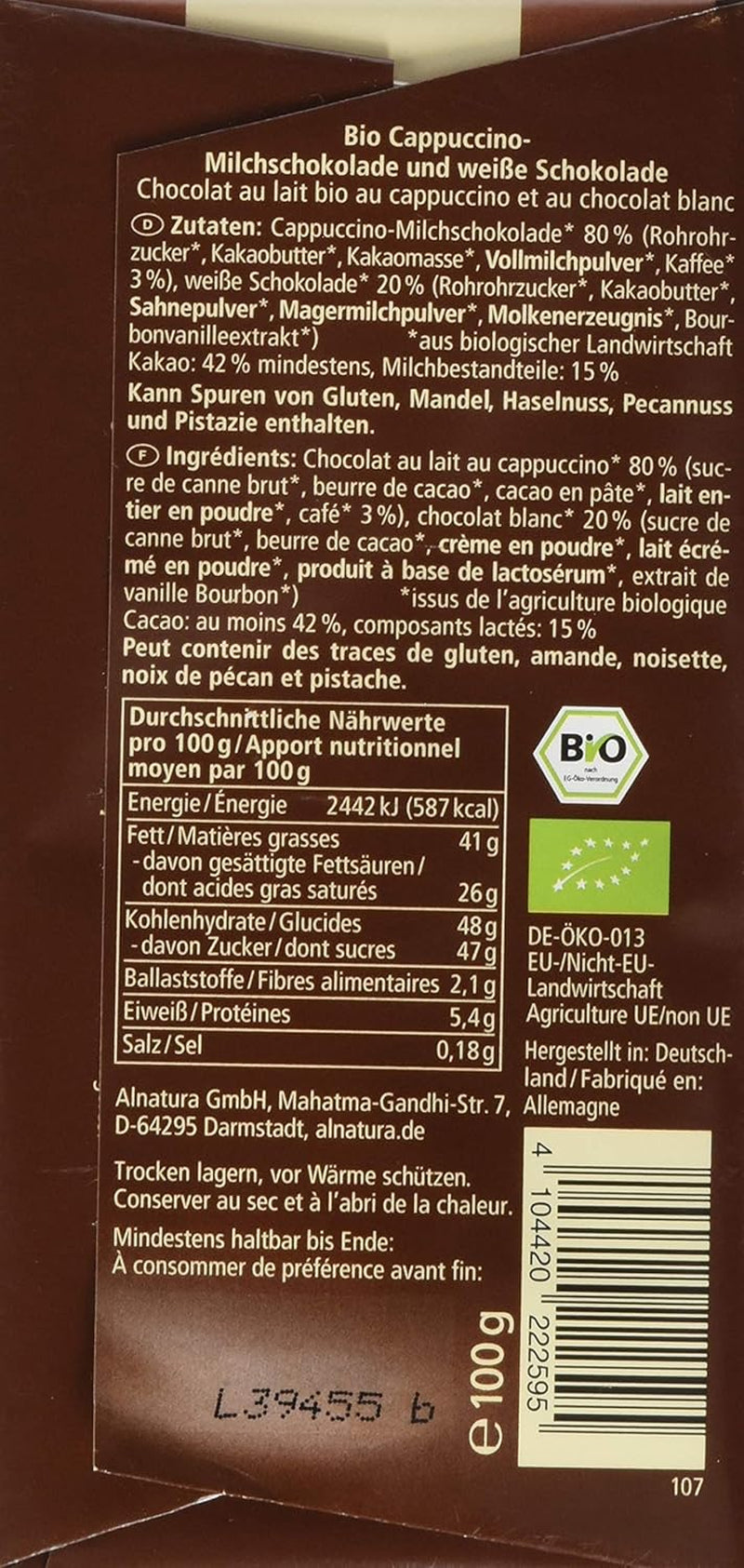 Kapuccinóval töltött bio csokoládé, 100g