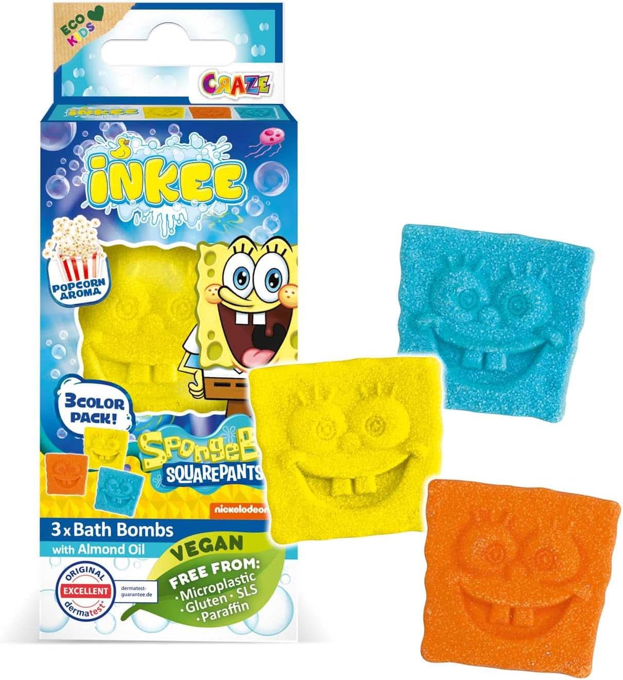 INKEE Spongebob, bomba de baie pentru copii cu surpriză, Spongebob Squarepants de colecționat, 80 grame Naty Shop Set 3 bombe de baie Spongebob