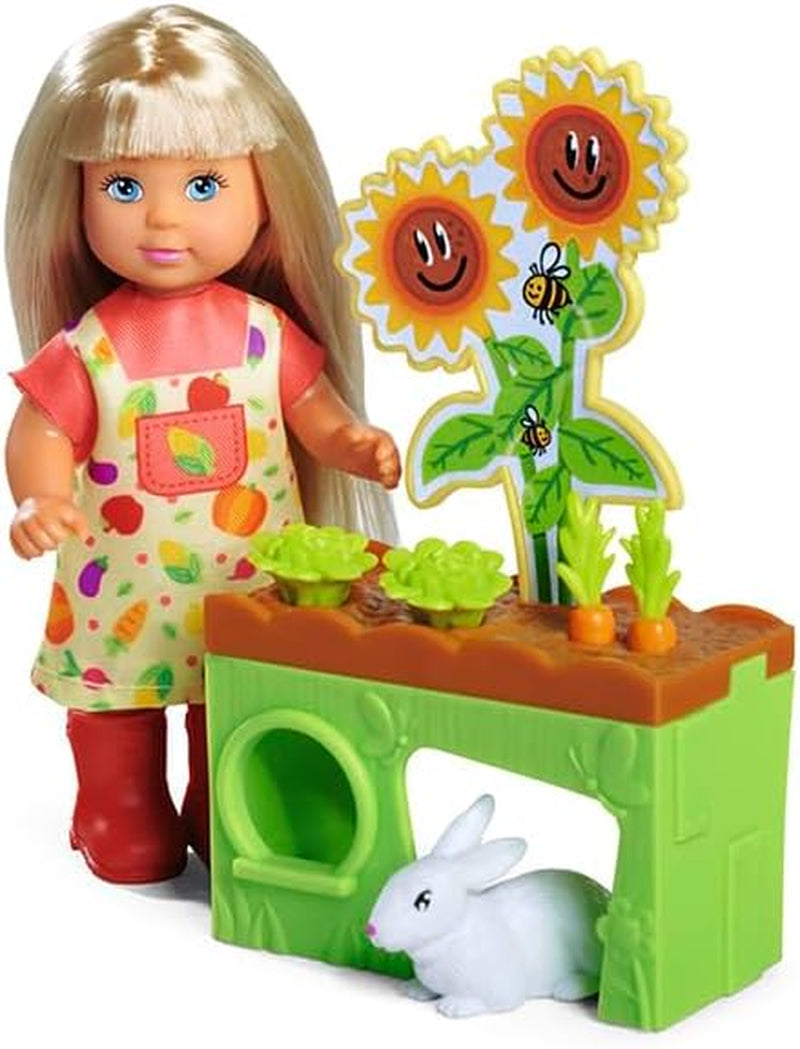 Simba Evi Love Garden, Puppe im Garten mit Hochbeet und Gemüse zum Ernten, inclusie kleinem Hasen, 12cm Spielpuppe, ab 3 Jahren