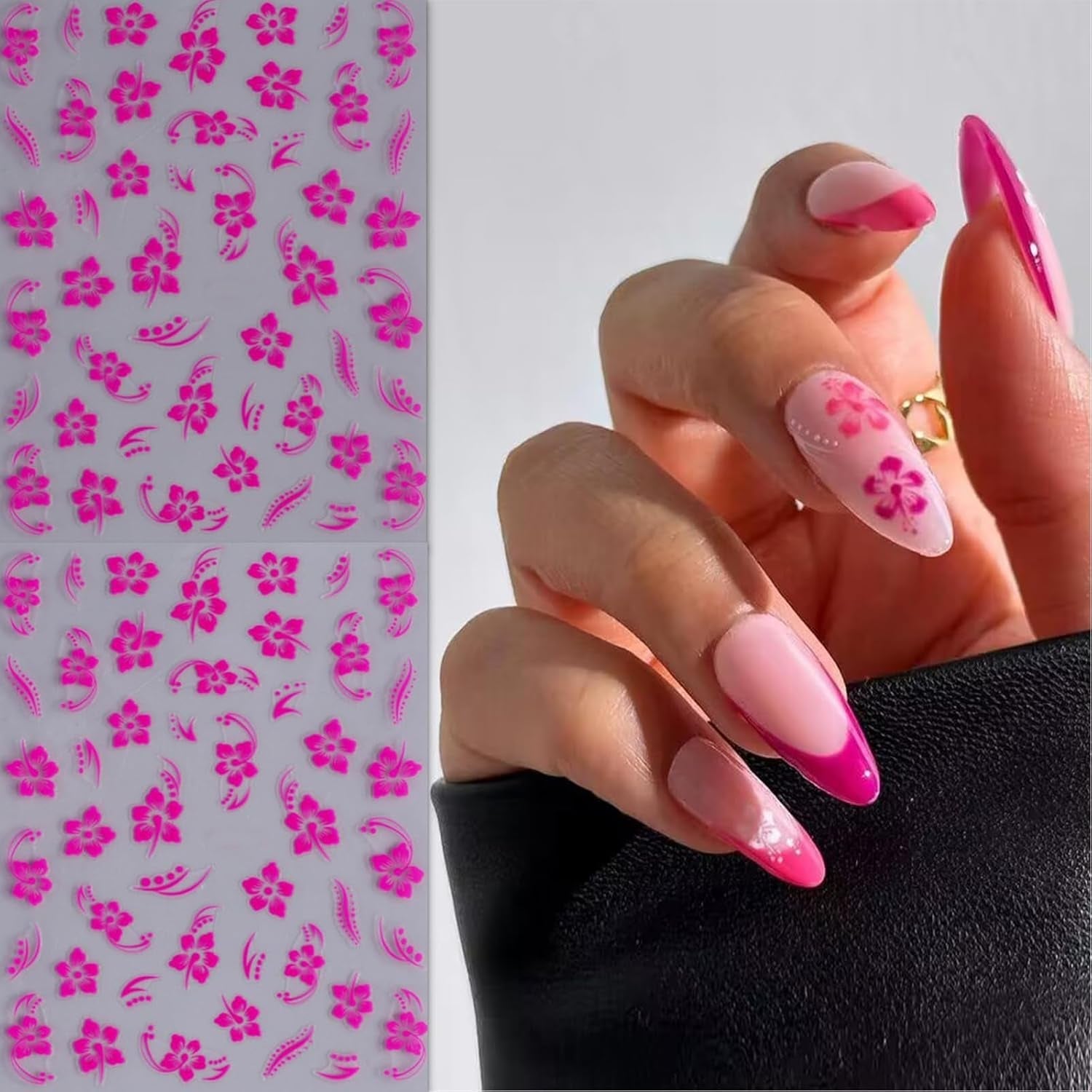 8 Stück Hibiskus Nagelsticker, 3D Selbstklebende Blumen Nagelaufkleber, Weiß Rosa Gelb Magenta Sommer Neonail Sticker, Nail Art Zubehör Nagel Deko Für Frauen