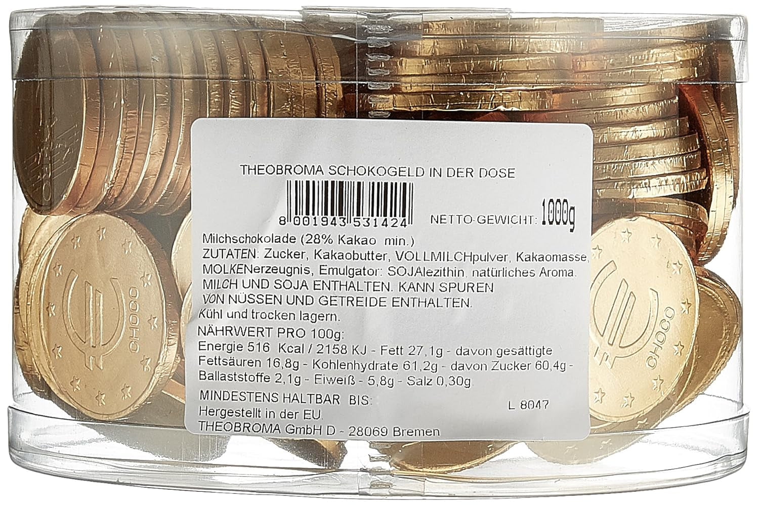 Theobroma Goldgeld Schokoladen Euros, Lose Münzen in Der Dose, 1 Er Pack (1 X 1 Kg) Naty Shop