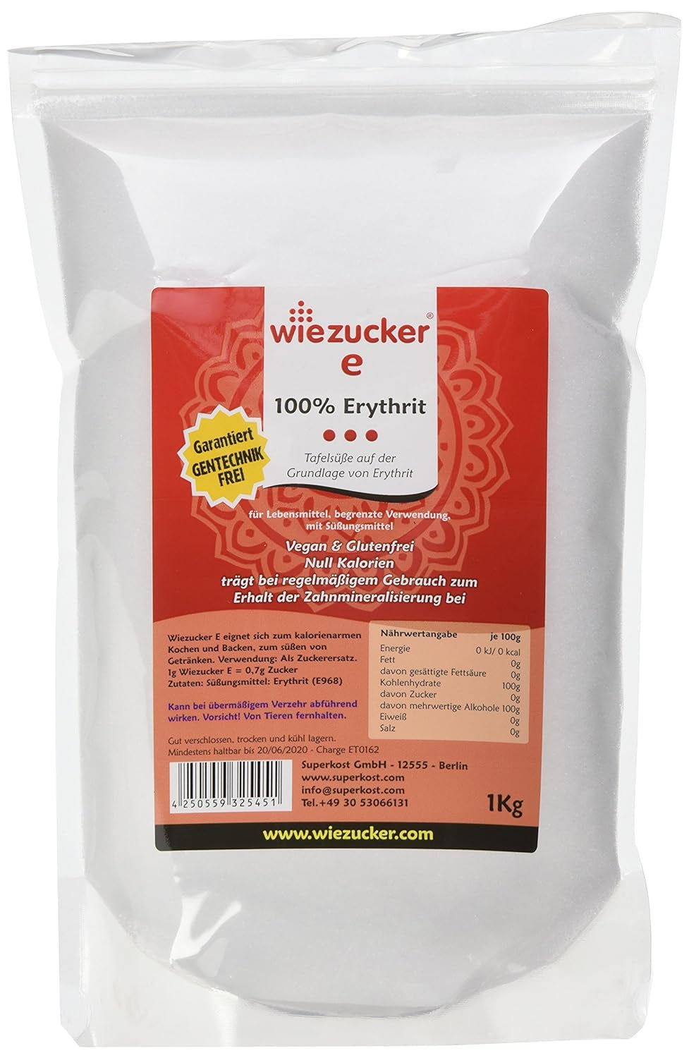 Erythritol, 1Er Pack (1 X 1 Kg) 1000 Gramm Indulcitori Naty Shop Single