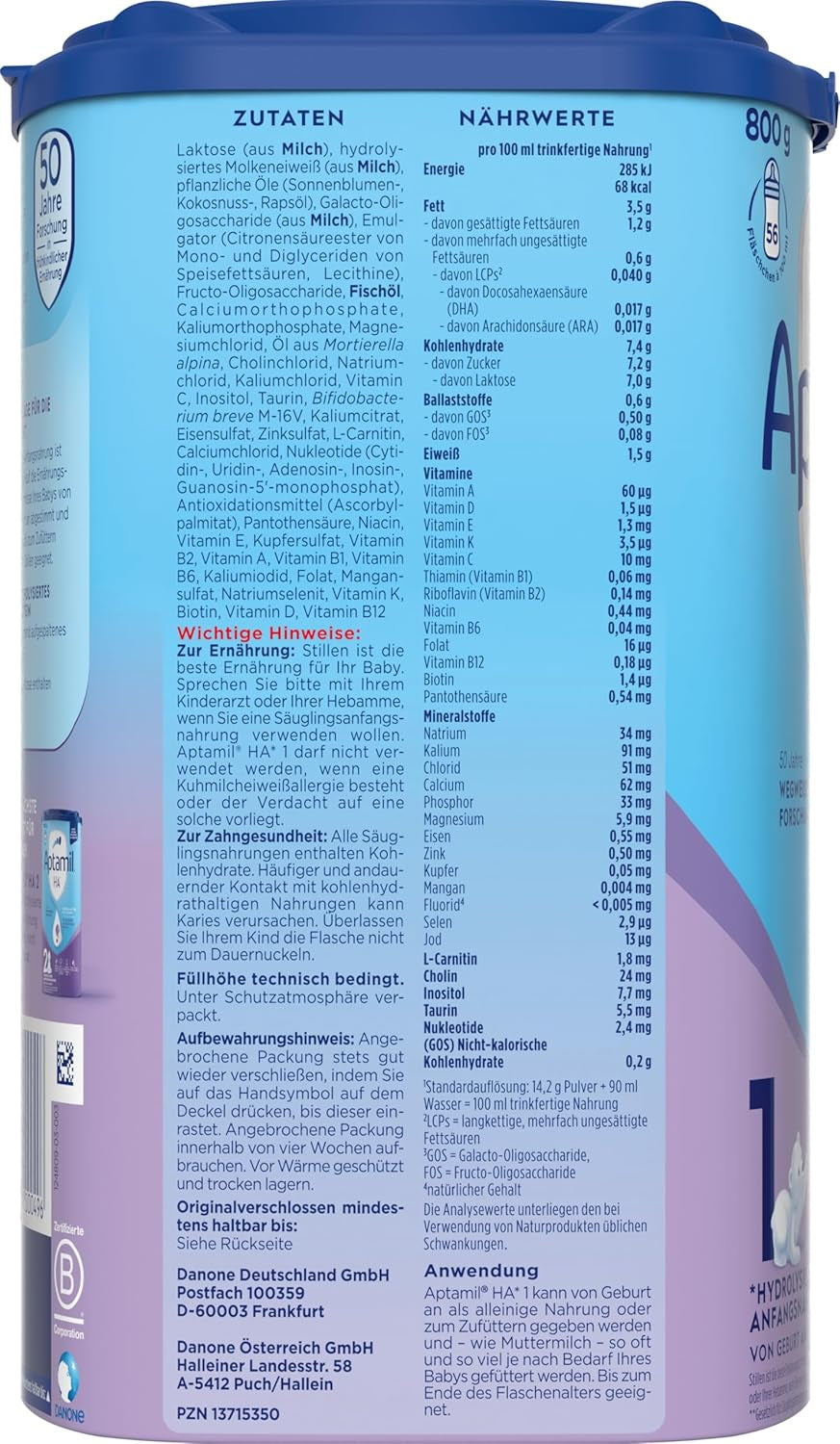 Aptamil HA 1 - Születéstől csecsemőtápszer, DHA-val, laktózmentes, pálmaolaj mentes, bébiétel, tejpor, 1 x 800 g