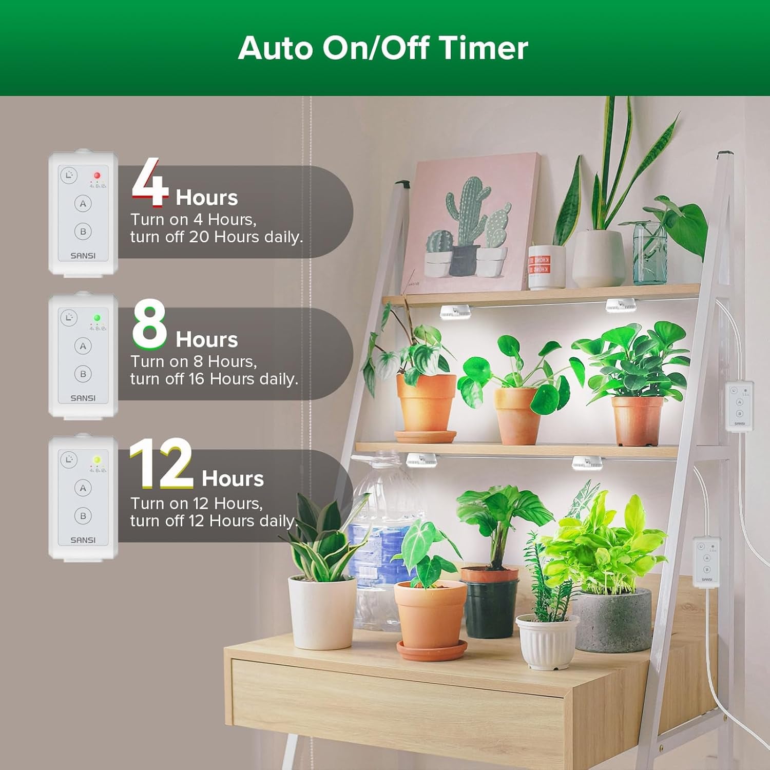 SANSI LED beltéri növénytermesztési lámpa 2 fejes teljes spektrumú 10 W (150 W-nak megfelelő) 4/8/12 órás időzítő beltéri növényházi növényházi hidroponikus függőlámpa