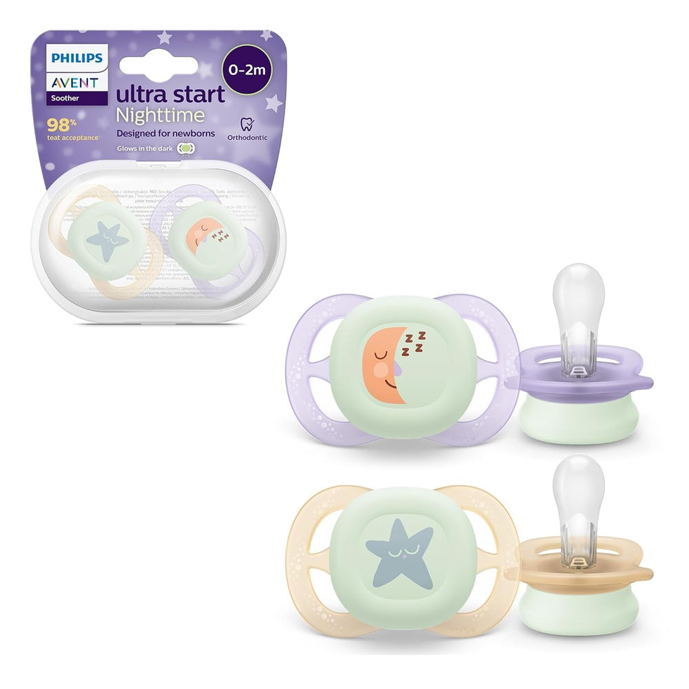 Suzetă de noapte Philips AVENT Ultra Start, suzetă ortodontică pentru nou-născuți, strălucește în întuneric, fără BPA, cu recipient de sterilizare, pachet dublu, Lună, Stea, SCF075/07