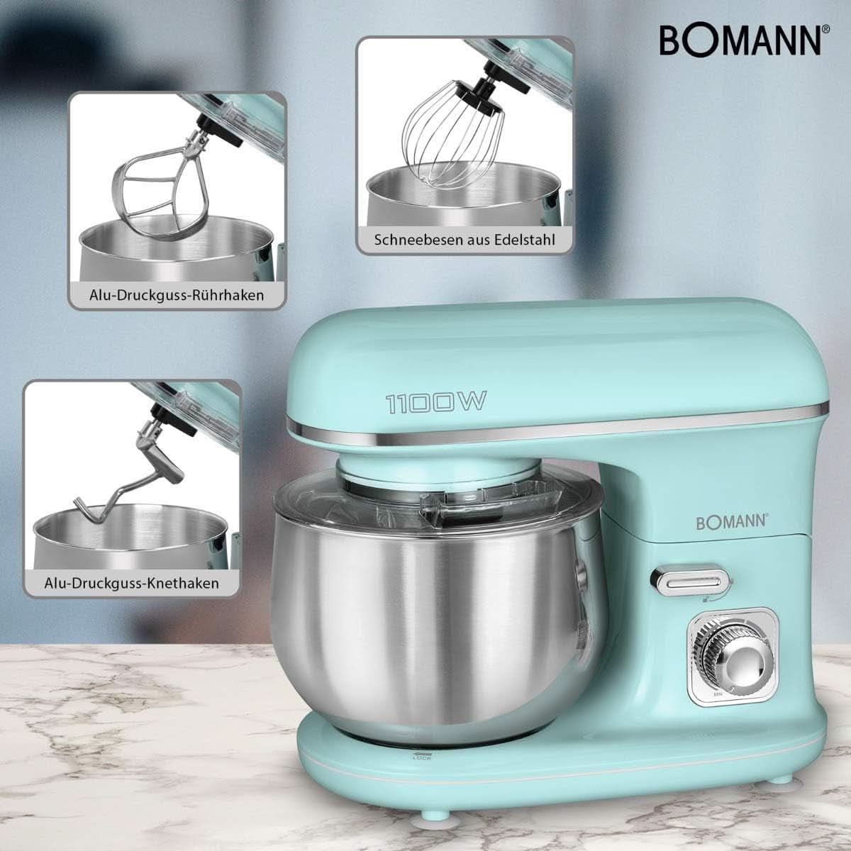 Bomann® Retro Küchenmaschine Zum Backen | Knetmaschine 5L |Starker 1100W Motor | Teigmaschine Inkl. Haken & Schneebesen | Retro Teigknetmaschine Spritzschutz Mit Nachfüllöffnung – KM 6030 CB Mint-Grün Mama si Copilul Naty Shop