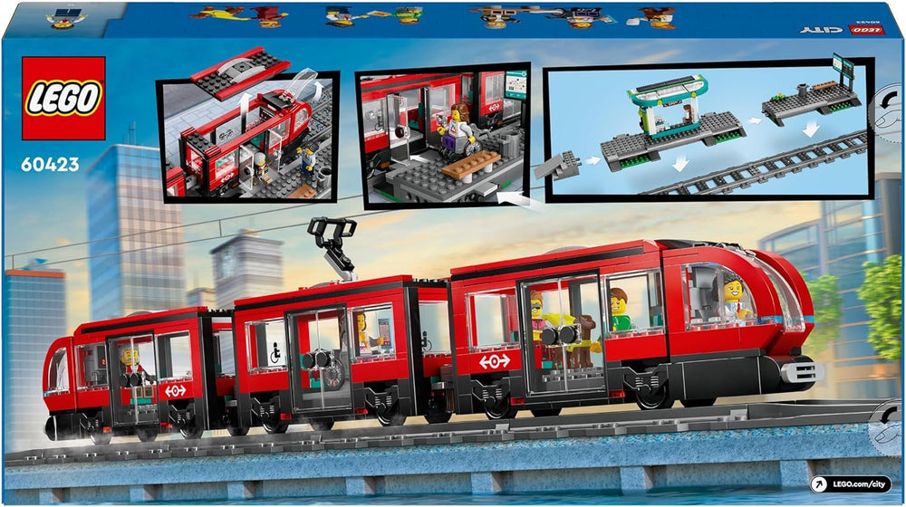 LEGO City villamos állomással, ajándékötlet járműjáték-rajongóknak 7 éves kortól, 6 minifigurával és egy vakvezető kutyával szerepjátékhoz, építőjáték 60423 Építőkészlet Besuche den LEGO-Store