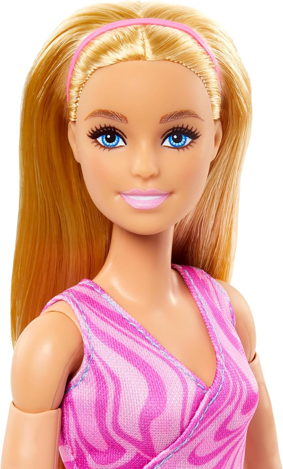 Barbie Made-to-Move-Modepuppe mit blondem Haar, abnehmbarem pinkfarbenen Sportoberteil und Blauer Yogahose, 22 bewegliche Gelenke, HRH27