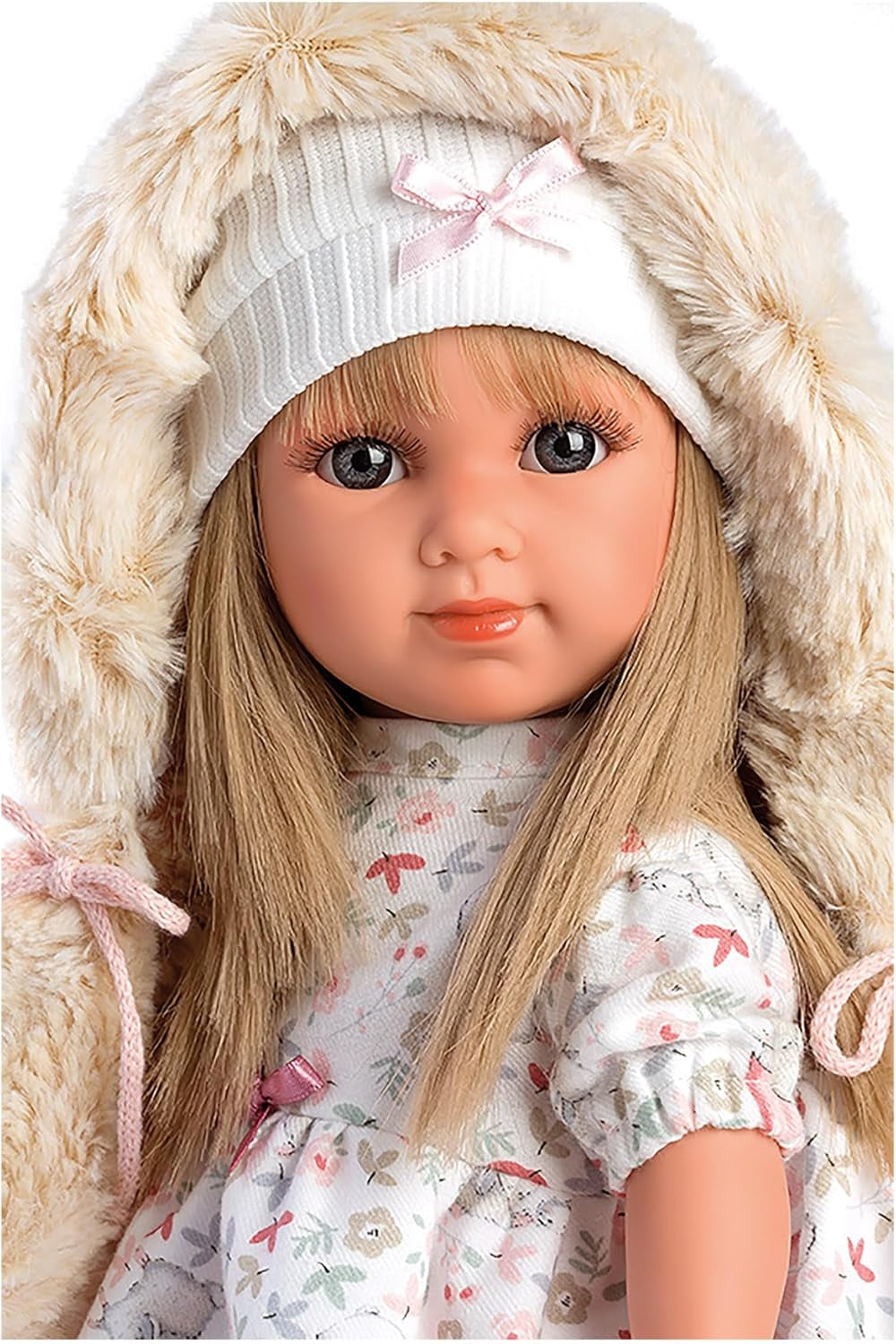 Păpușa Llorens 1053541 Elena cu păr blond și ochi albaștri, păpușă la modă cu corp moale, inclusiv ținută la modă cu haină cu glugă, 35 cm