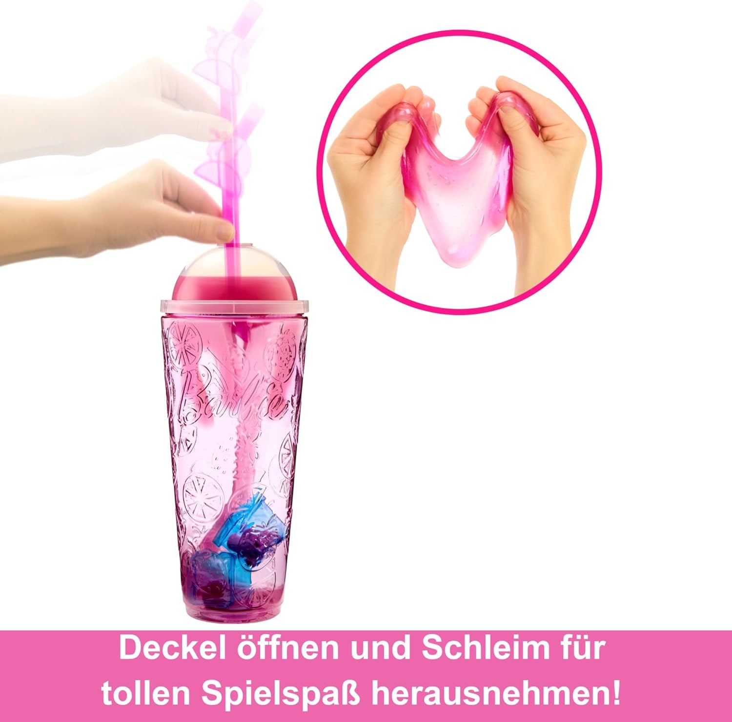 Barbie Pop Reveal Fruit - Überraschungspuppen mit 8 fruchtigen Überraschungen, inklusive beweglicher Puppe mit Erdbeerlimonadenduft und Squishy-Hündchen, ab 3 Jahren, HNW41