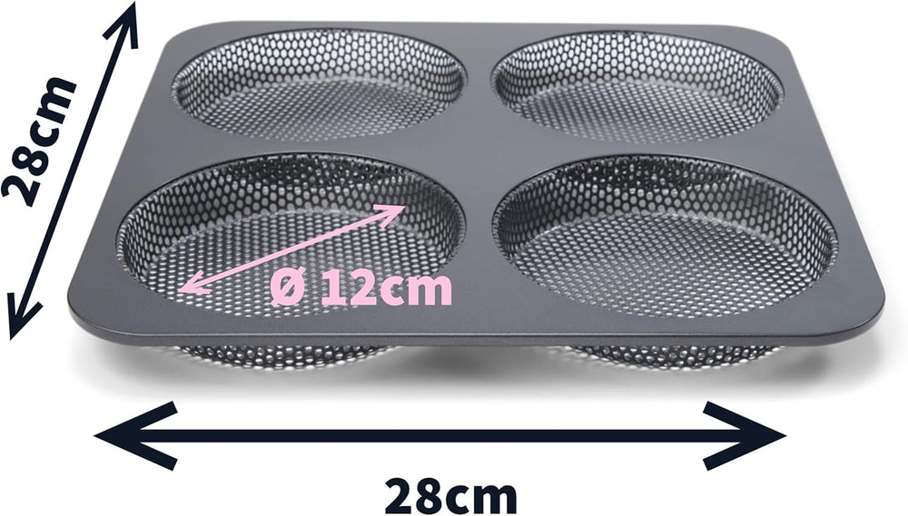 Hamburgerbrötchen, Perforiert, Antihaftbeschichte, 4 Runde Mulden Mit Je 12 cm, Pfannengröße 28 X 28 cm, 2,5 cm Tief, Mittelgroß, Schwarz Formák és tálcák sütéshez Naty Shop