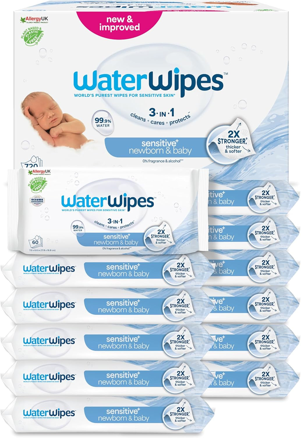 WaterWipes Sensitive+ nedves törlőkendő újszülötteknek és csecsemőknek, 540 db (9 csomag), 3 az 1-ben tisztítás, ápolás, védelem, 99,9% víz, illatmentes