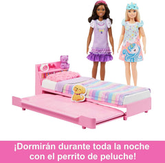 Barbie My First Series, Pat rulant, Pat cu accesorii, Ceas cu alarmă, Ursuleț de pluș, Set negru, Pernă, Păpușă, Cadou pentru copii, Jucării de la 3 ani,Hmm64 Papusi Naty Shop