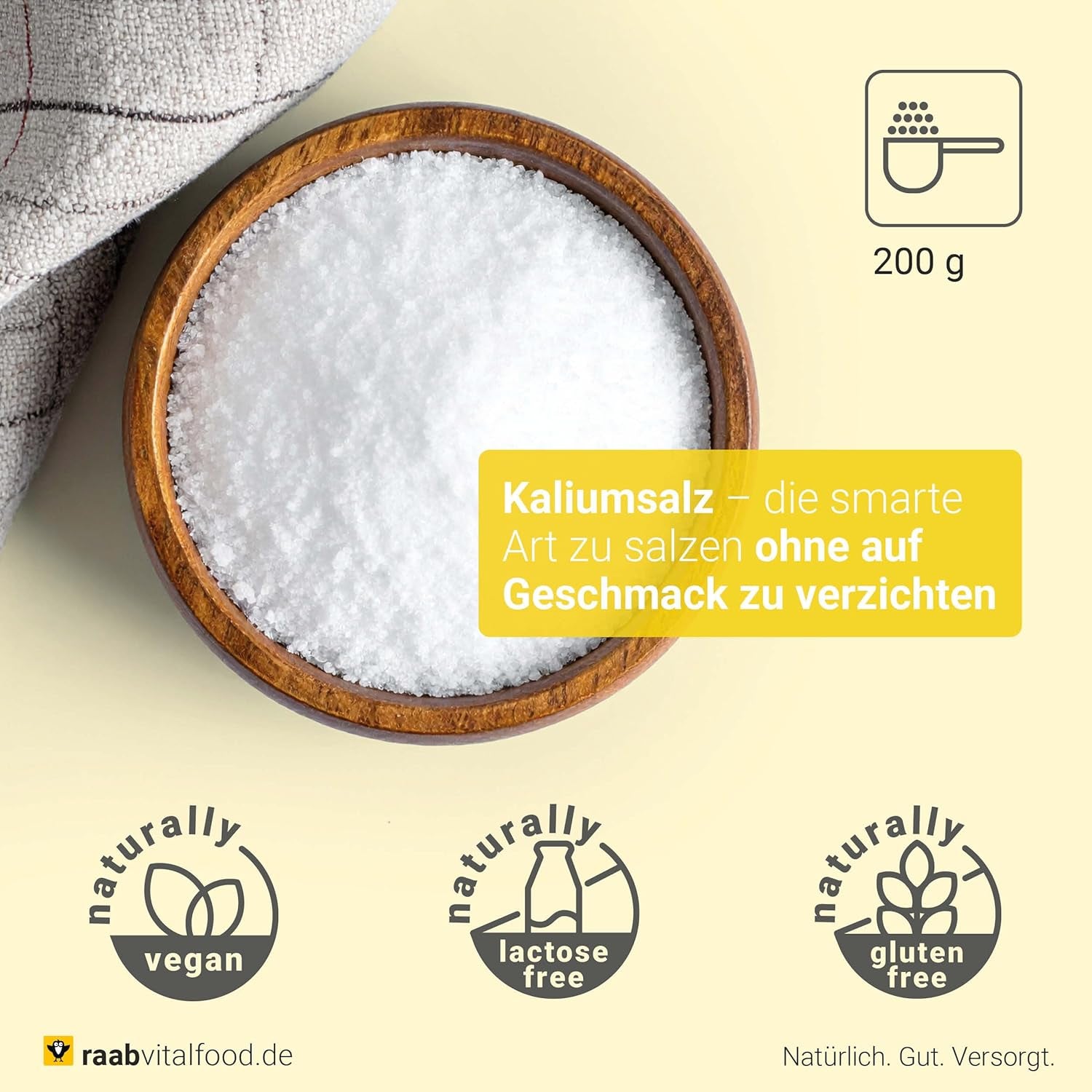 Raab Vitalfood Kalium salt-Mischung, Mineralsalzmischung mit 66,7% Natriumchlorid (Kochsalz) és 33% Kaliumchlorid, Kalium trägt zur Aufrechterhaltung eines normalen Blutdruck bei (1 x 200 g adag)